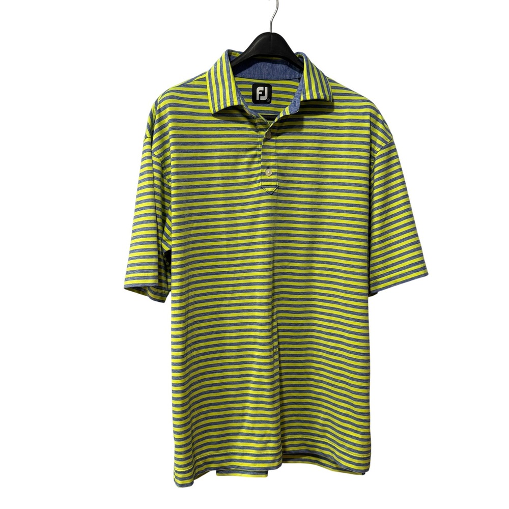 FootJoy Mens Large Lime Green Blue Striped Golf Polo Shirt The Lake Joseph Club